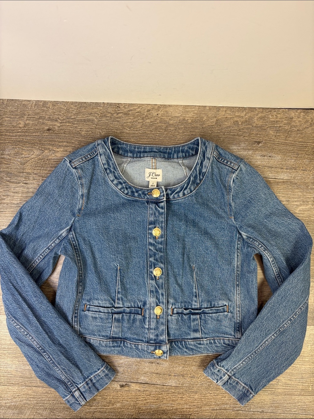 J.Crew Collarless Cropped Denim Lady Jacket Gold Buttons Size 2